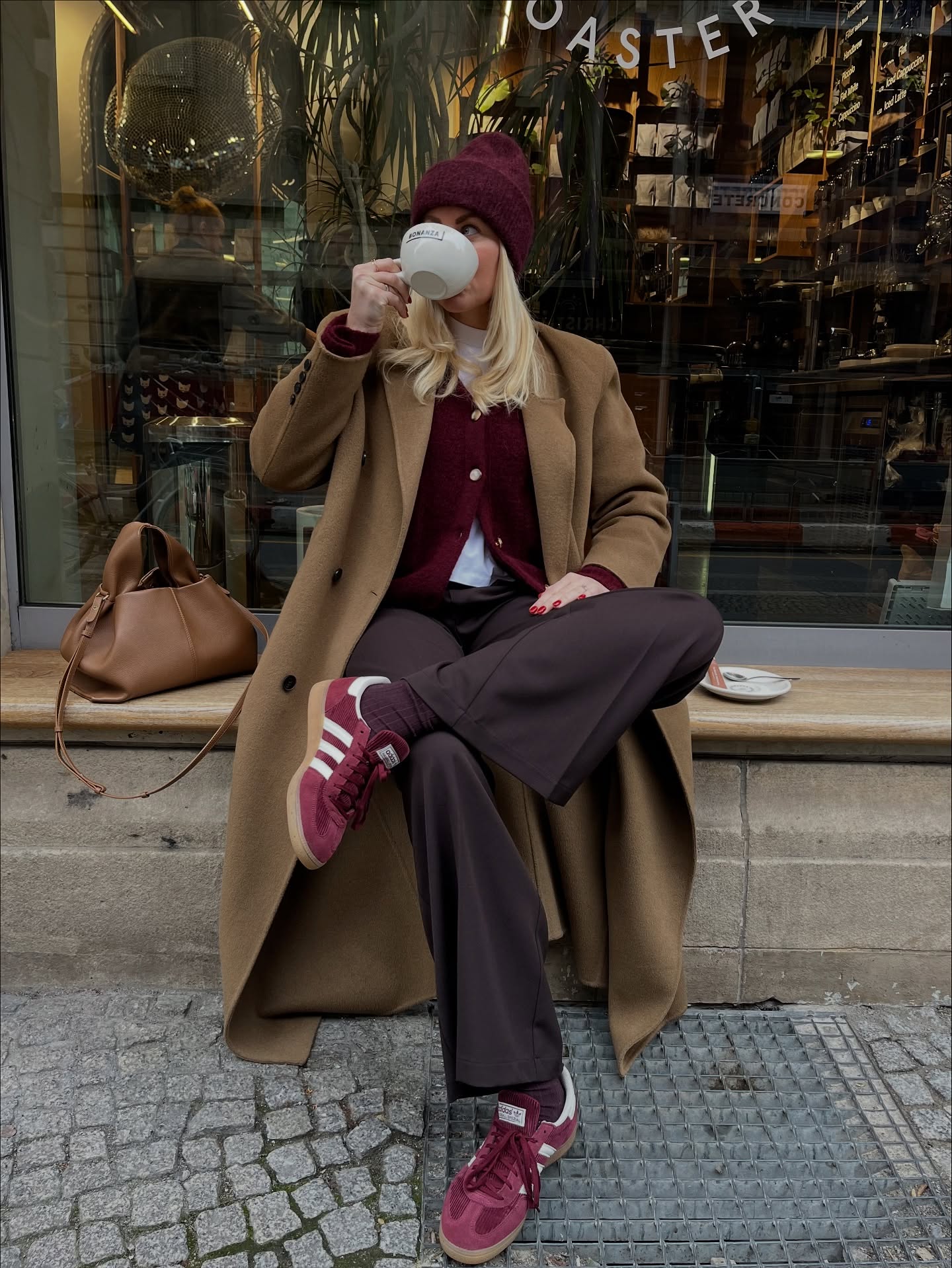 Cozy Burgundy Knit And Camel Coat Winter Look