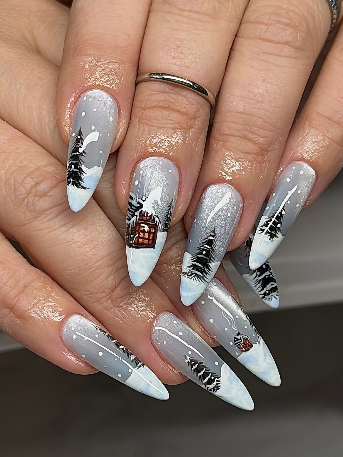 Cozy Cabin Winter Wonderland Scene Nails