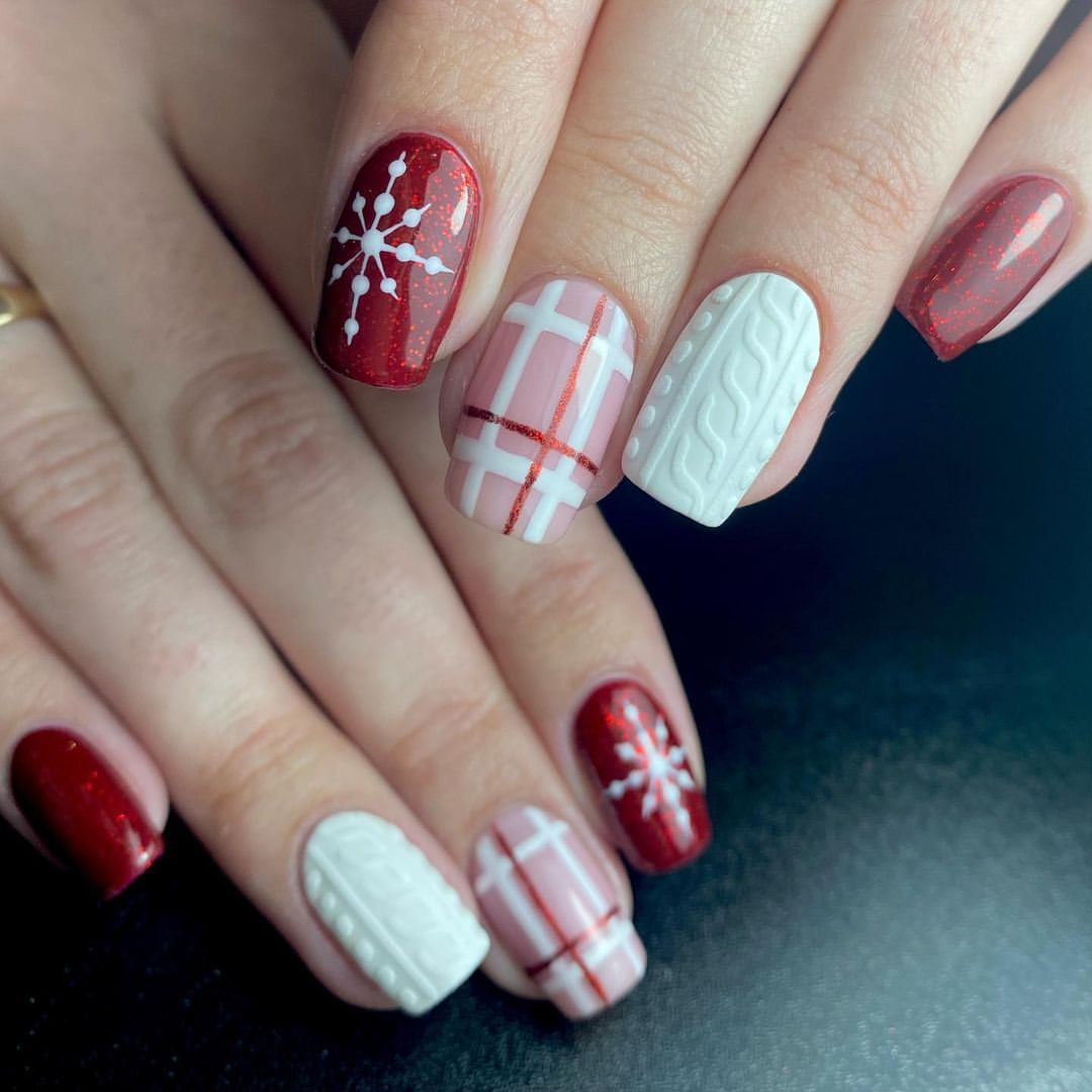 Cozy Cable Knit & Plaid Sweater Nails