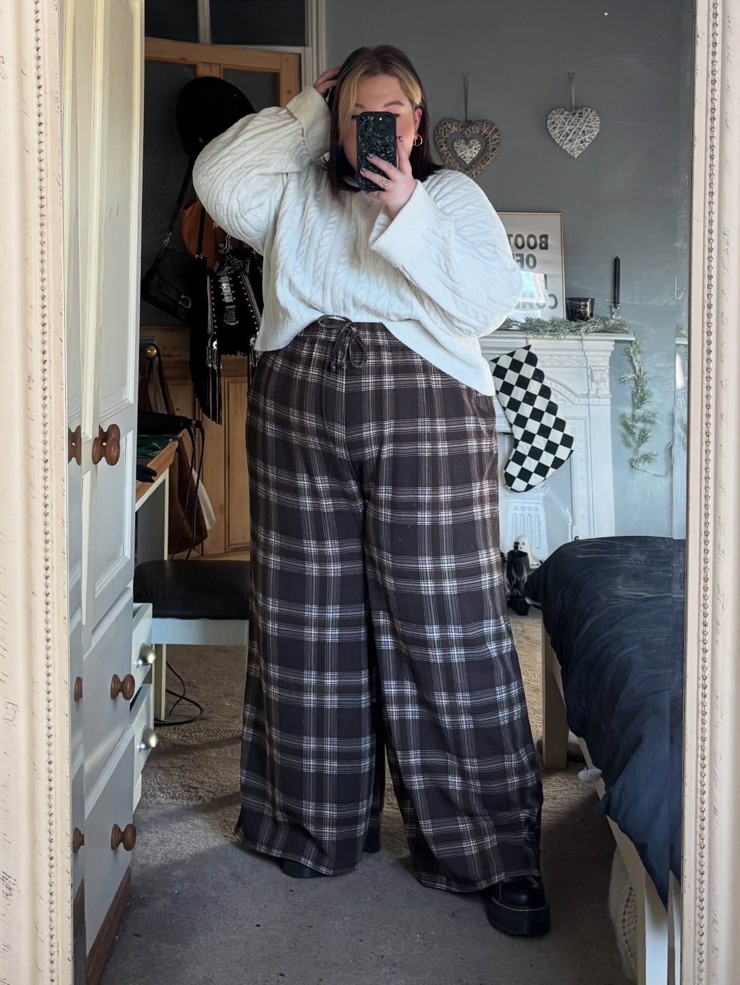 Cozy Cable Knit Sweater And Plaid Wide Leg Pants