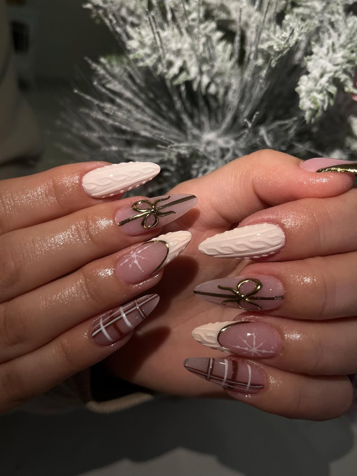 Cozy Christmas Sweater Almond Nails with Gold Accents