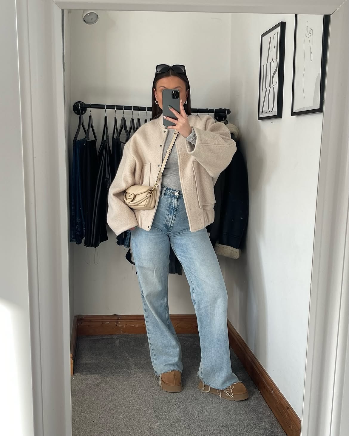 Cozy Cream Bomber Jacket With Light Wash Jeans