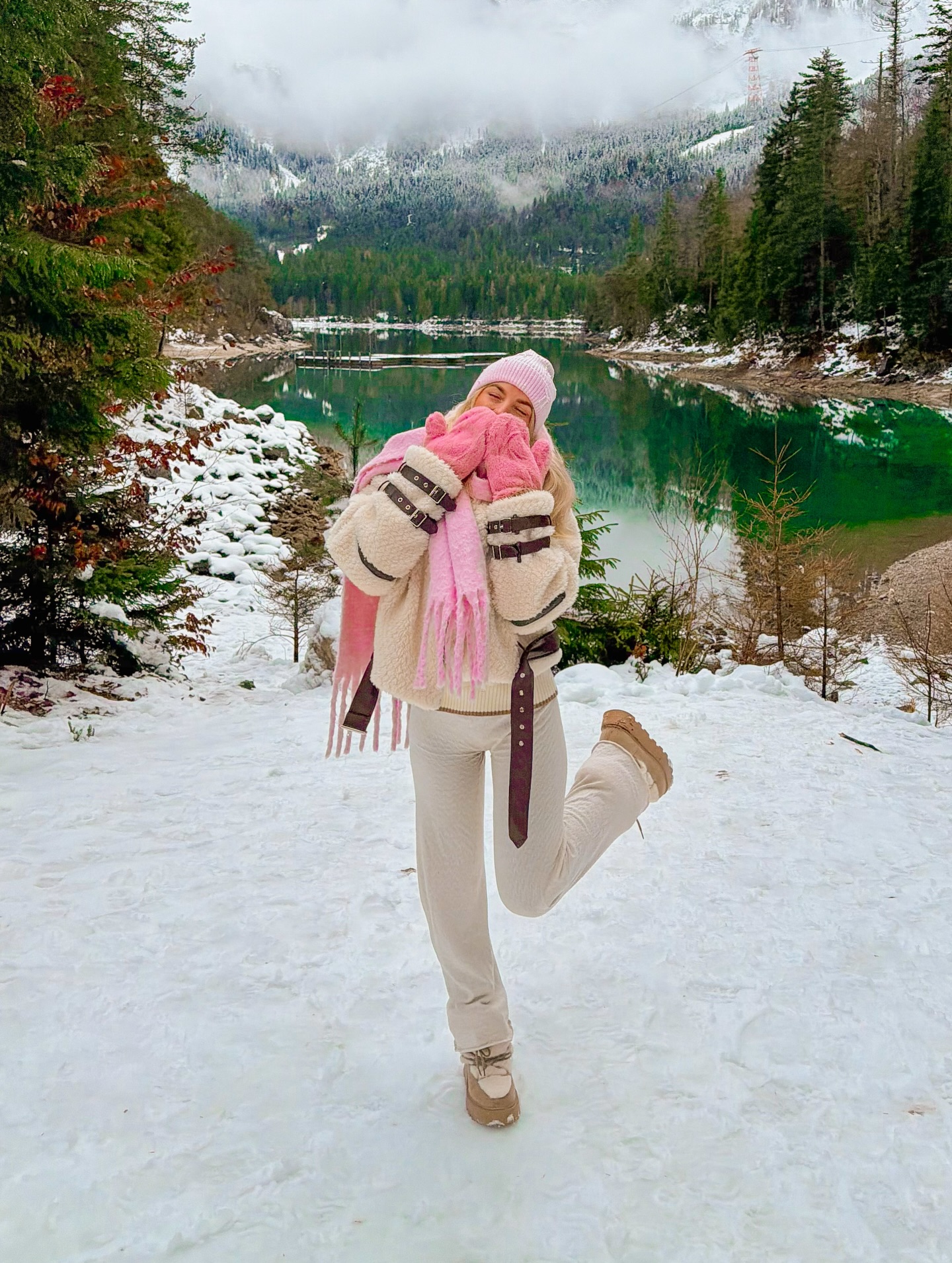 Cozy Cream Knit And Pink Accents Winter Look