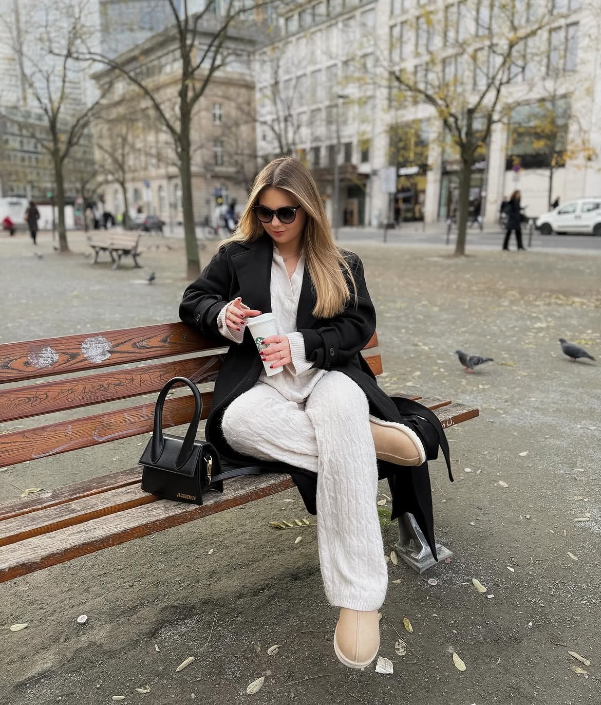 Cozy Cream Knit Set With Black Wool Coat