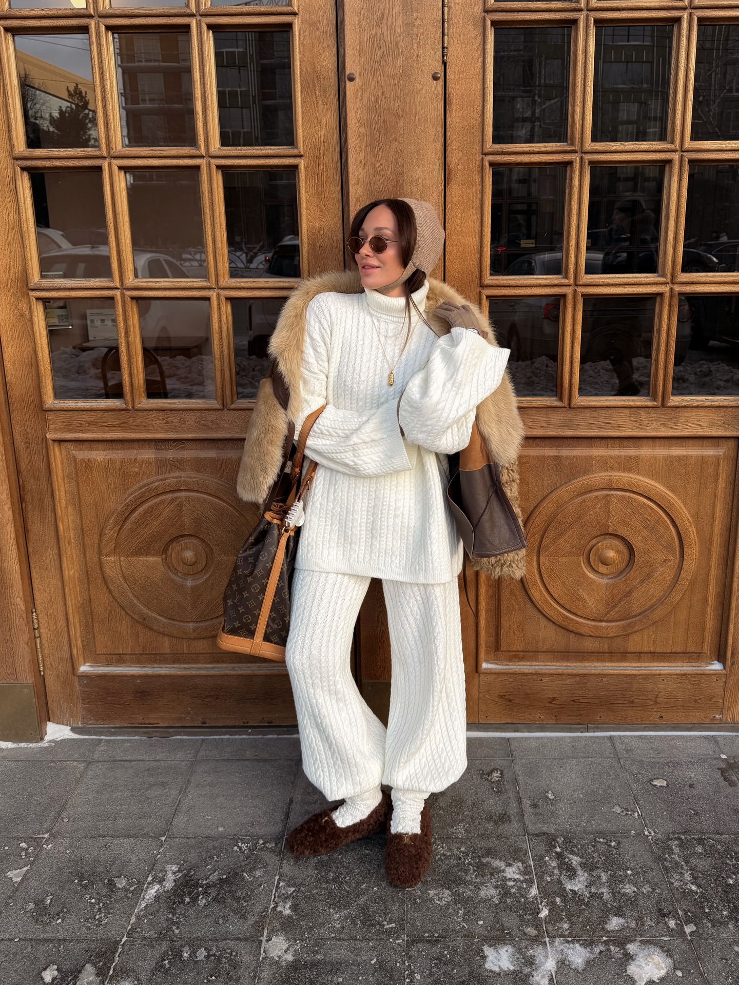 Cozy Cream Knit Set With Faux Fur Trim Jacket