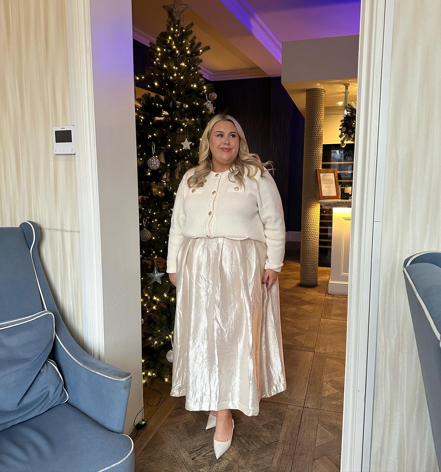Cozy Cream Knit With Shimmering Midi Skirt Ensemble