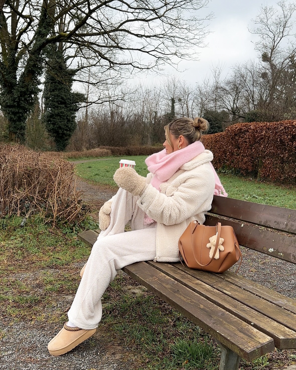 Cozy Cream Sherpa And Pink Scarf Winter Walk
