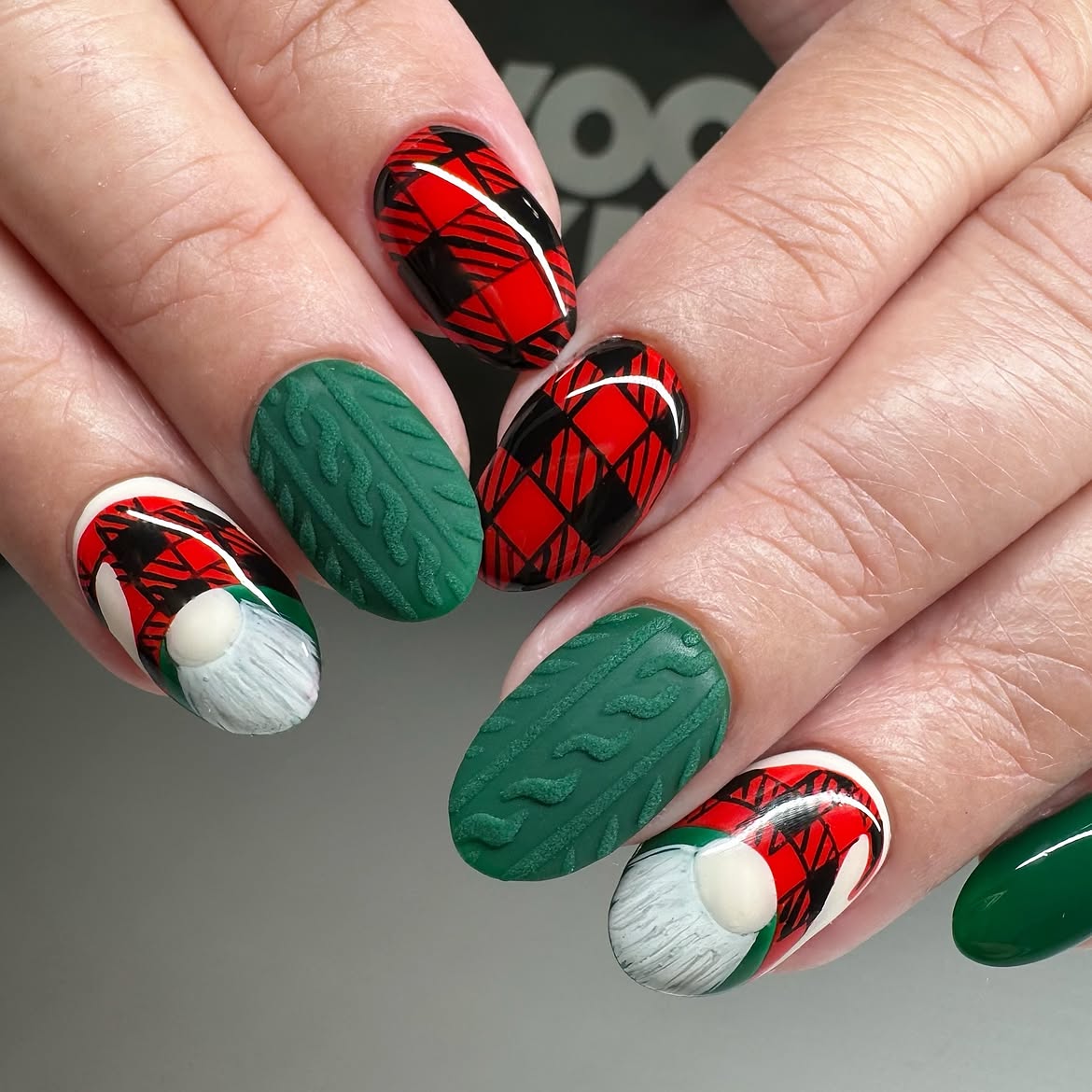 Cozy Gnome Sweater and Plaid Almond Nails