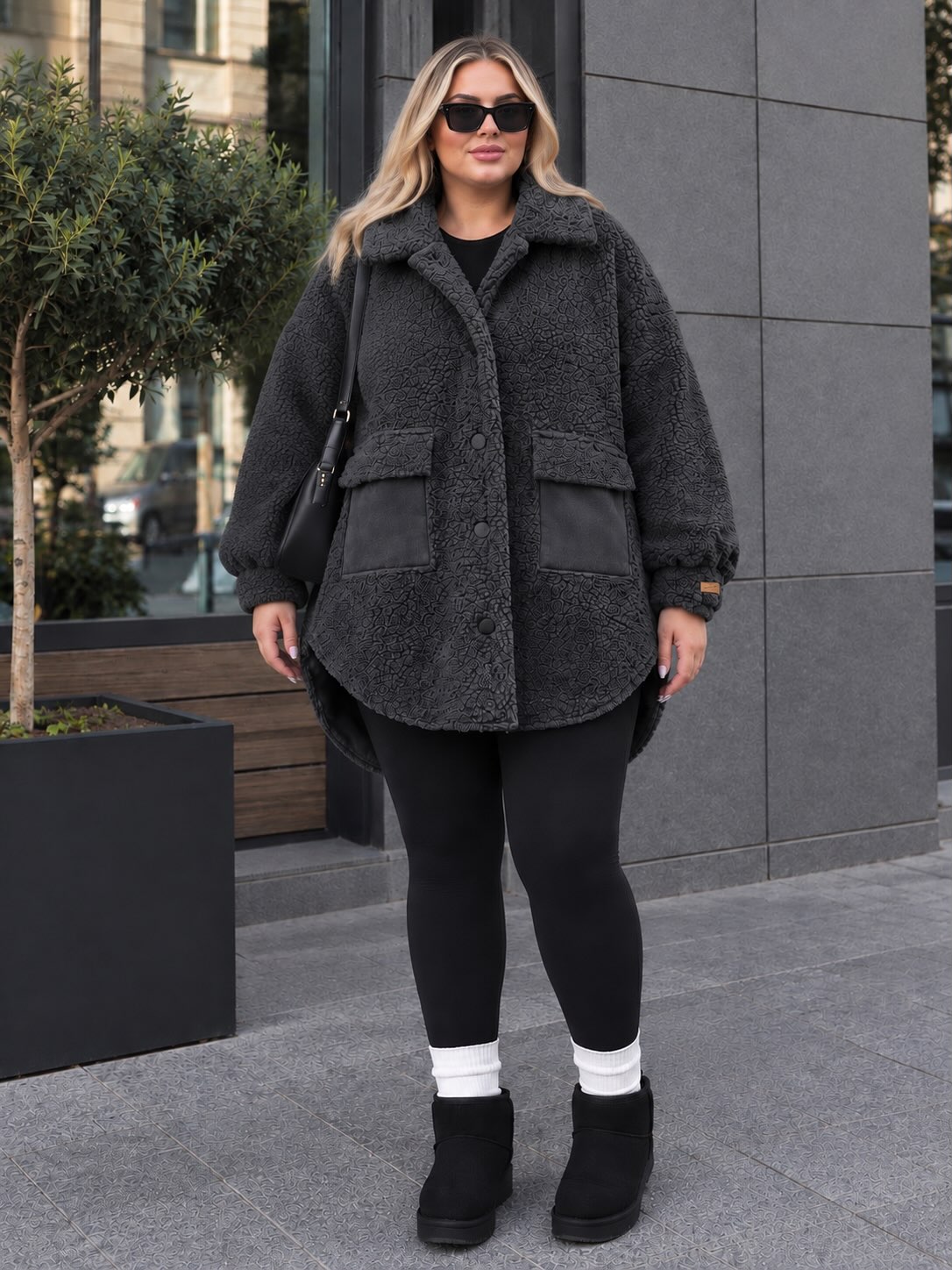 Cozy Grey Fleece Shacket With Black Leggings