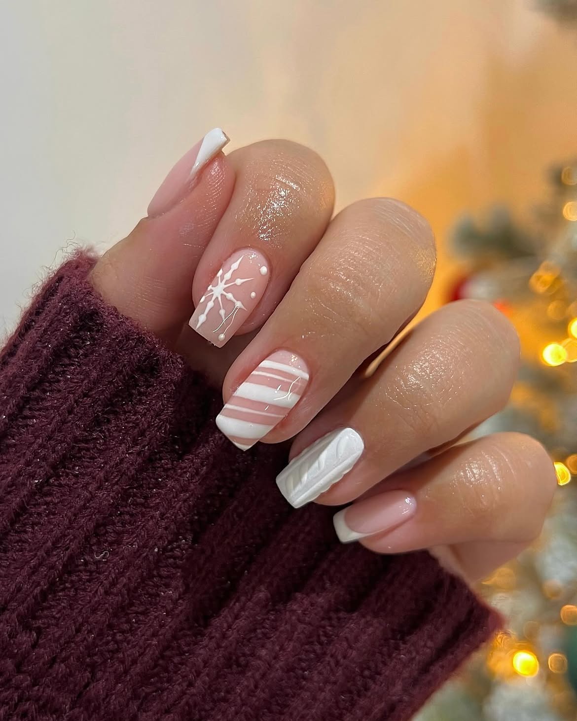 Cozy Knit And Snowflake Winter Acrylic Nails