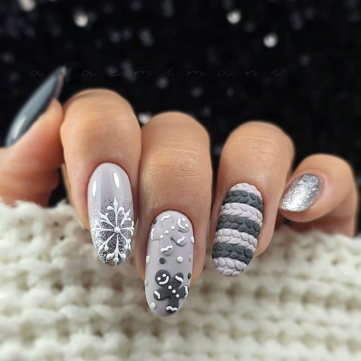 Cozy Knit Grey Winter Snowflake Nail Art