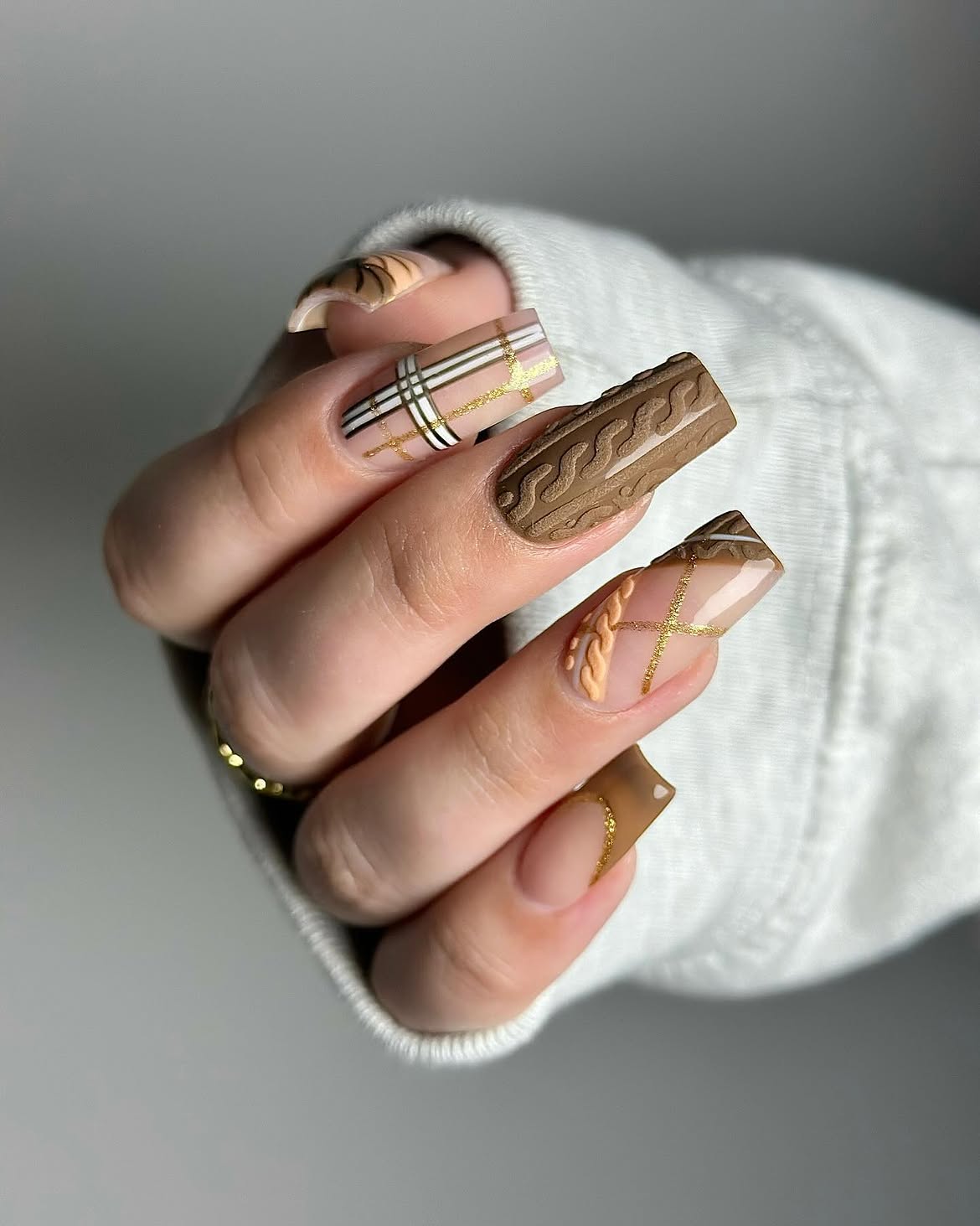 Cozy Knit Sweater Plaid French Tip Nails