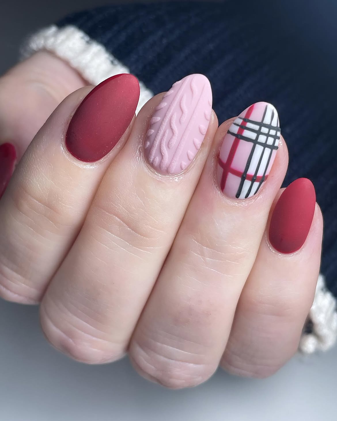 Cozy Matte Burgundy And Pink Plaid Sweater Nails