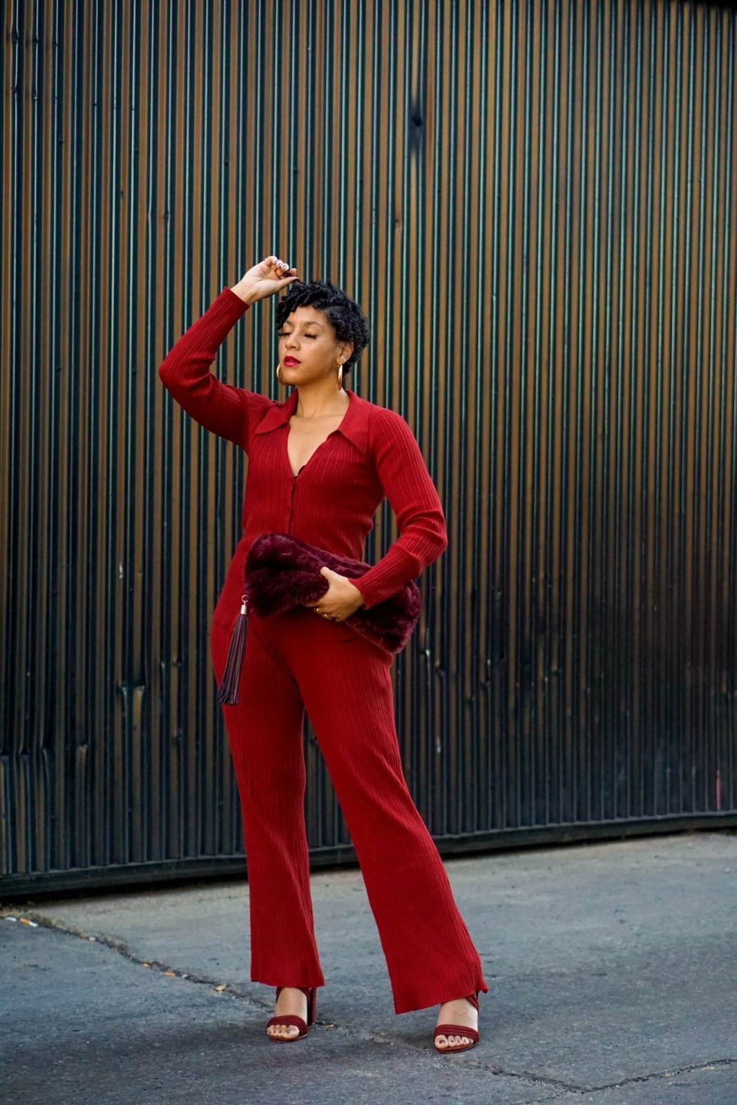 Fitted Red Ribbed Knit Jumpsuit Fitted Red Ribbed Knit Jumpsuit — Cozy Outfits