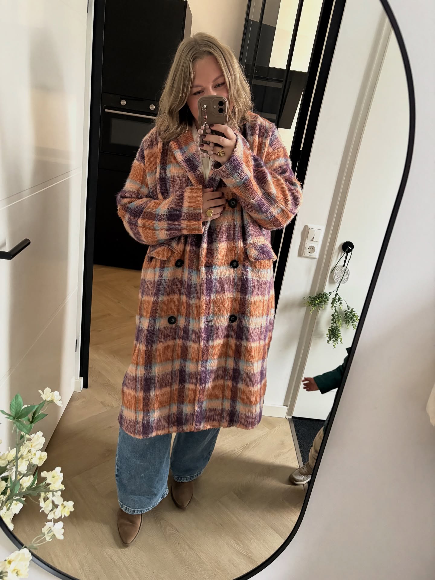 Cozy Plaid Coat With Wide Leg Jeans Outfit