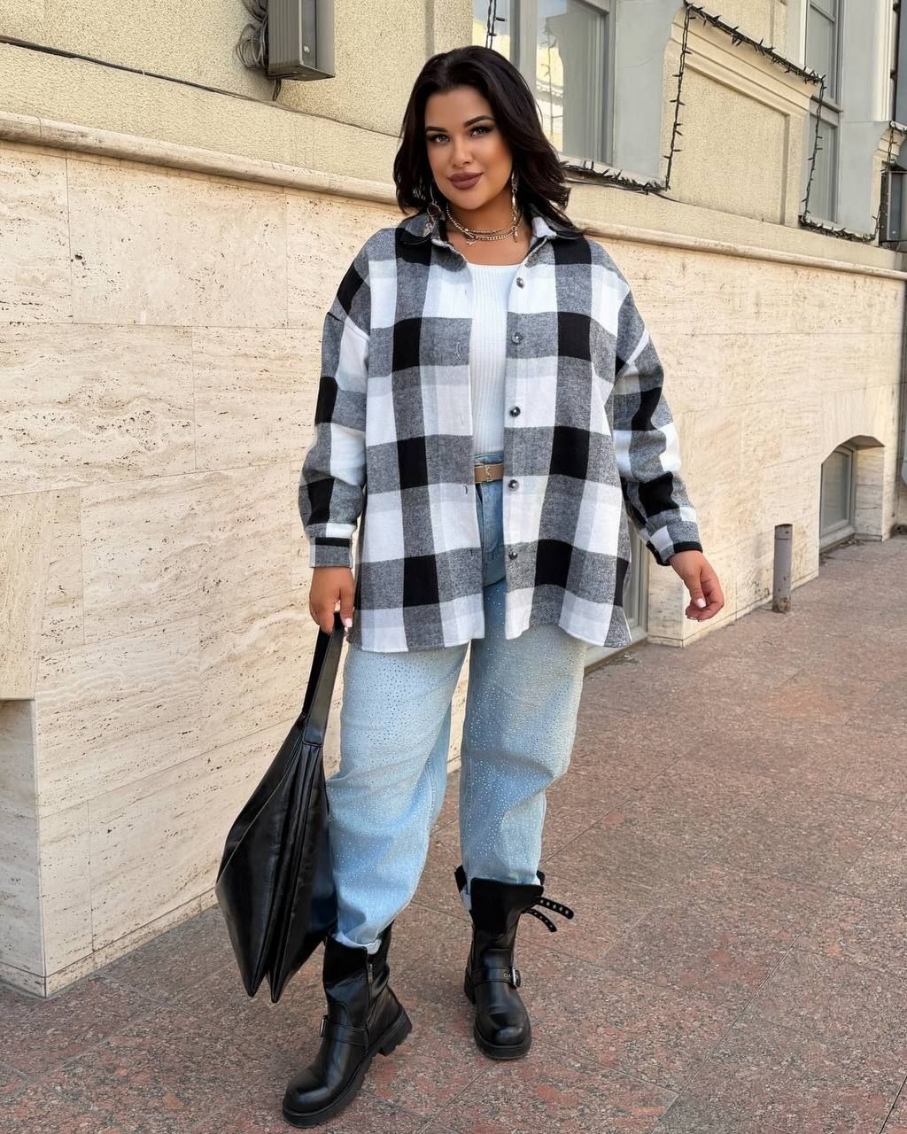 Cozy Plaid Shacket And Rhinestone Jeans Winter Outfit
