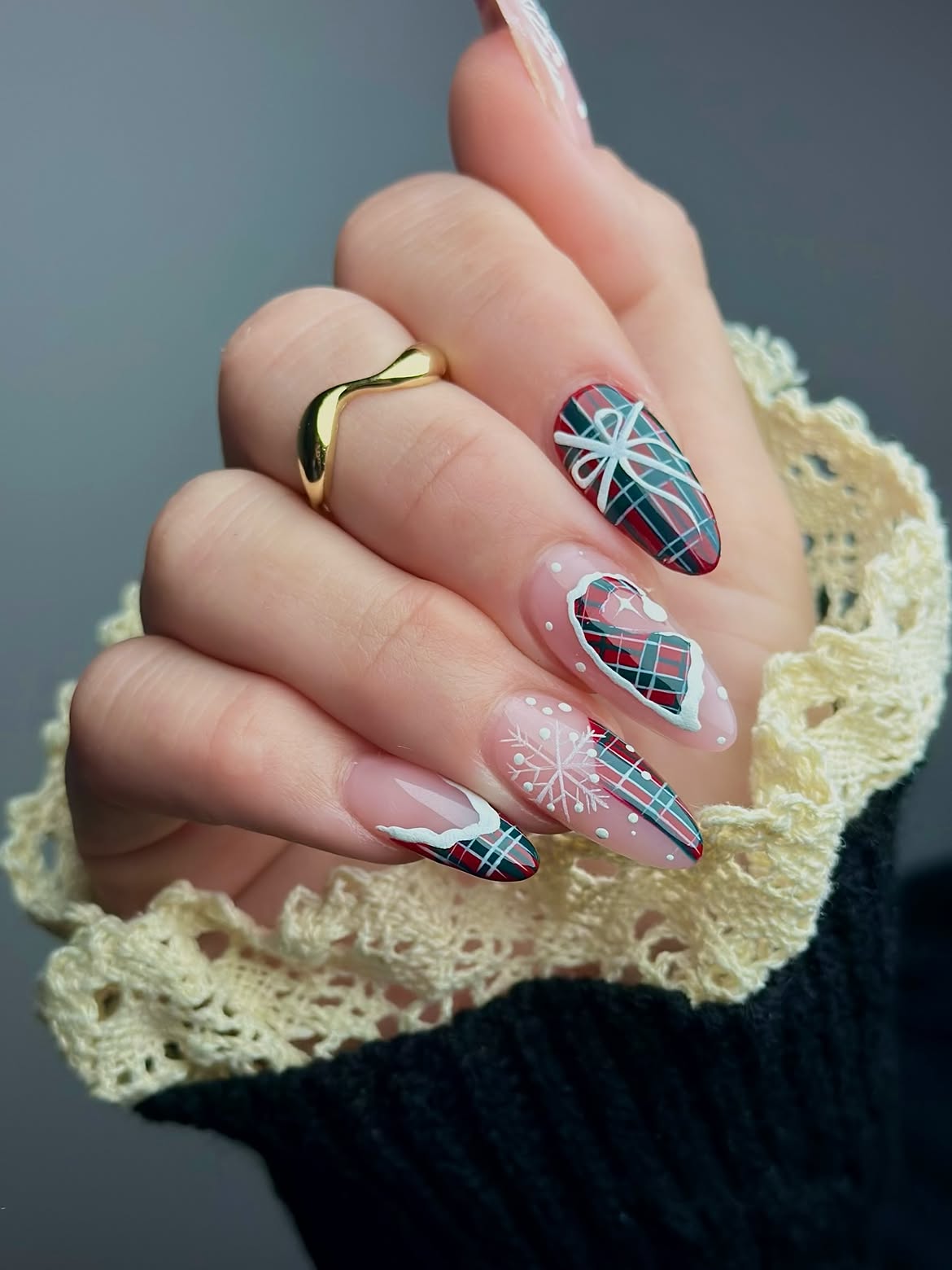Cozy Plaid Snowflake French Tip Almond Nails