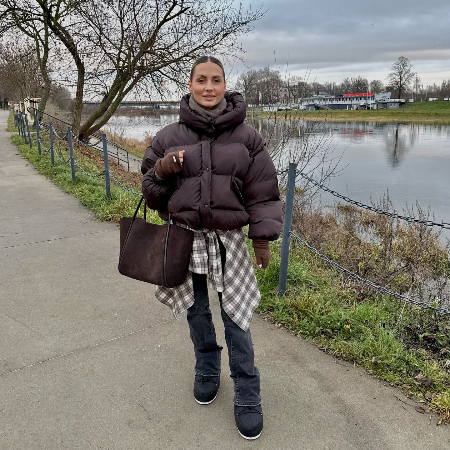 Cozy Puffer Jacket Layered Over Plaid Shirt