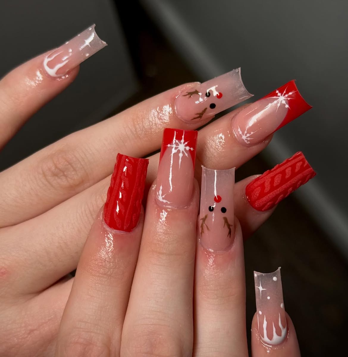 Cozy Red Sweater French Tip Christmas Nails