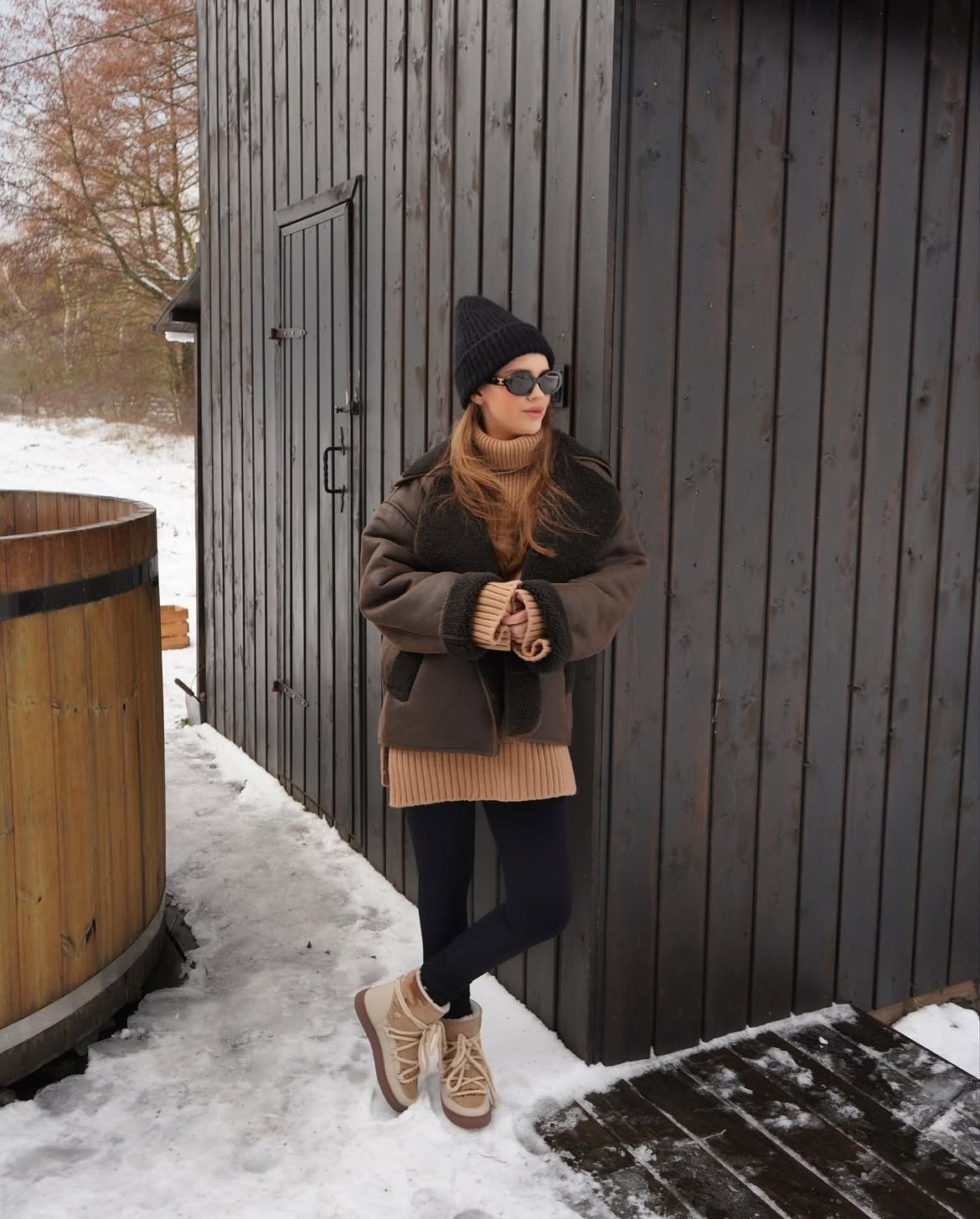 Cozy Shearling Jacket And Knit Tunic Winter Look