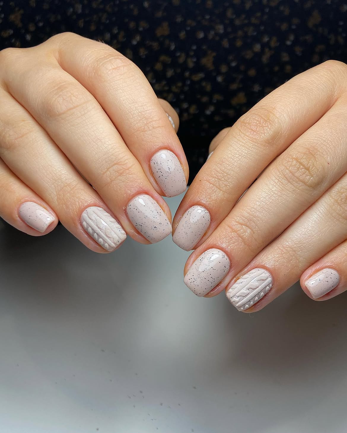 Cozy Speckled Beige Sweater Knit Short Square Nails