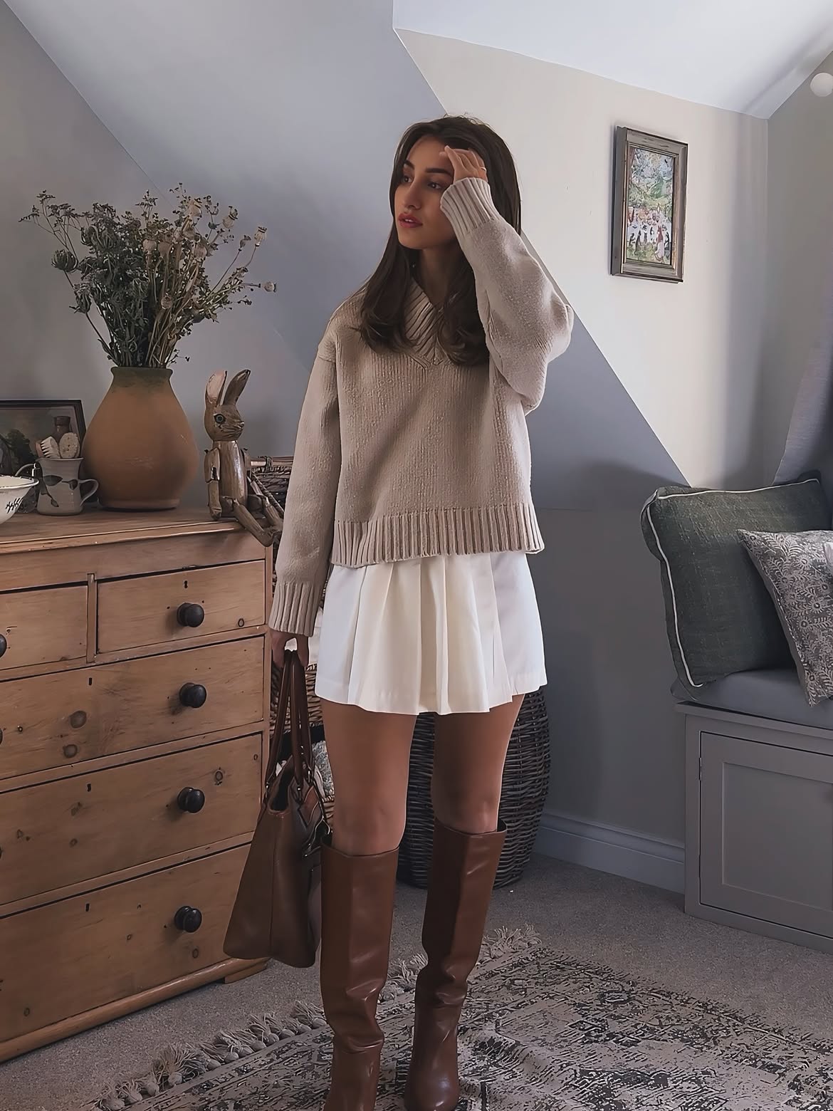 Cozy Sweater and Pleated Mini Skirt Winter Look