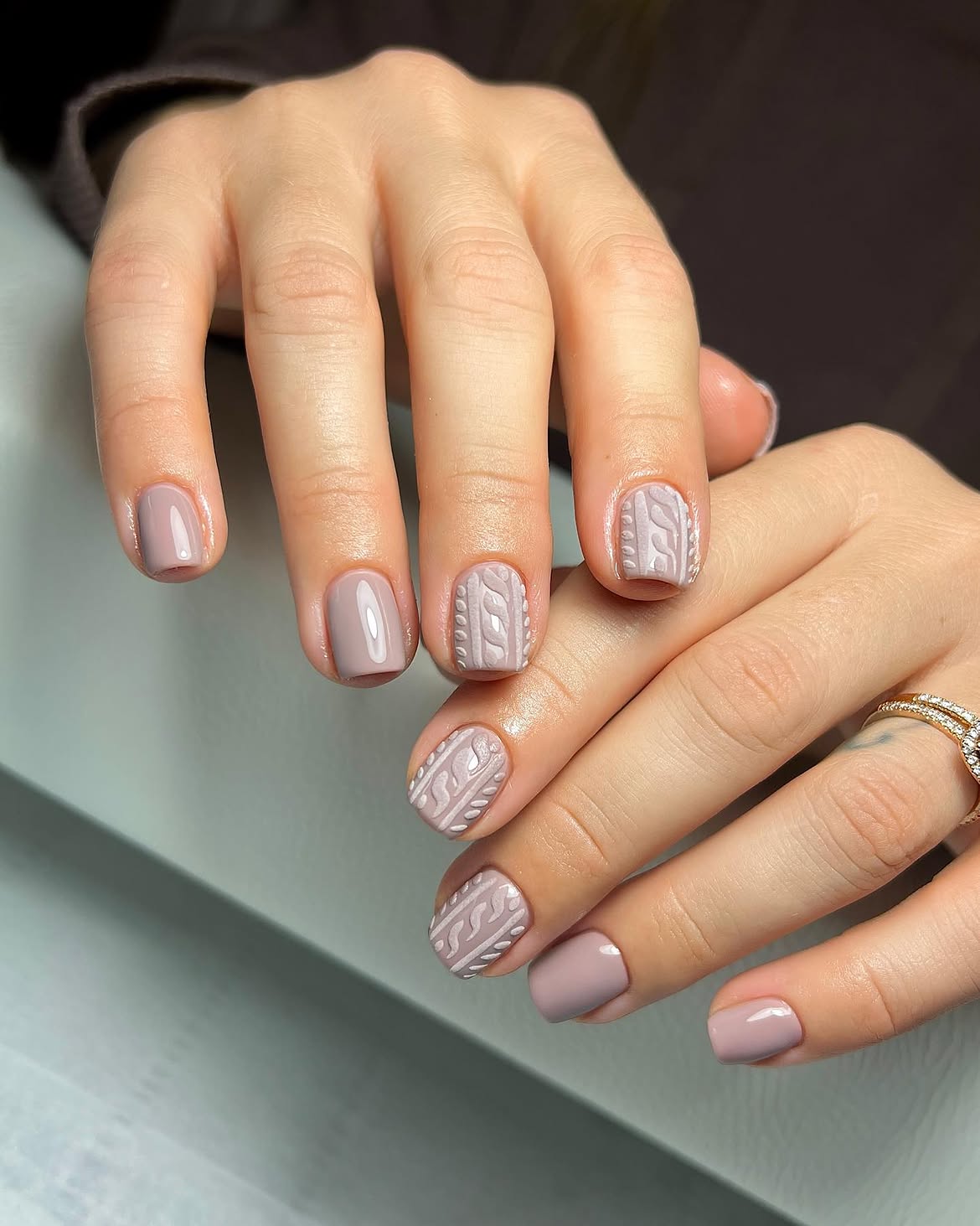 Cozy Taupe 3D Cable Knit Short Squoval Nails