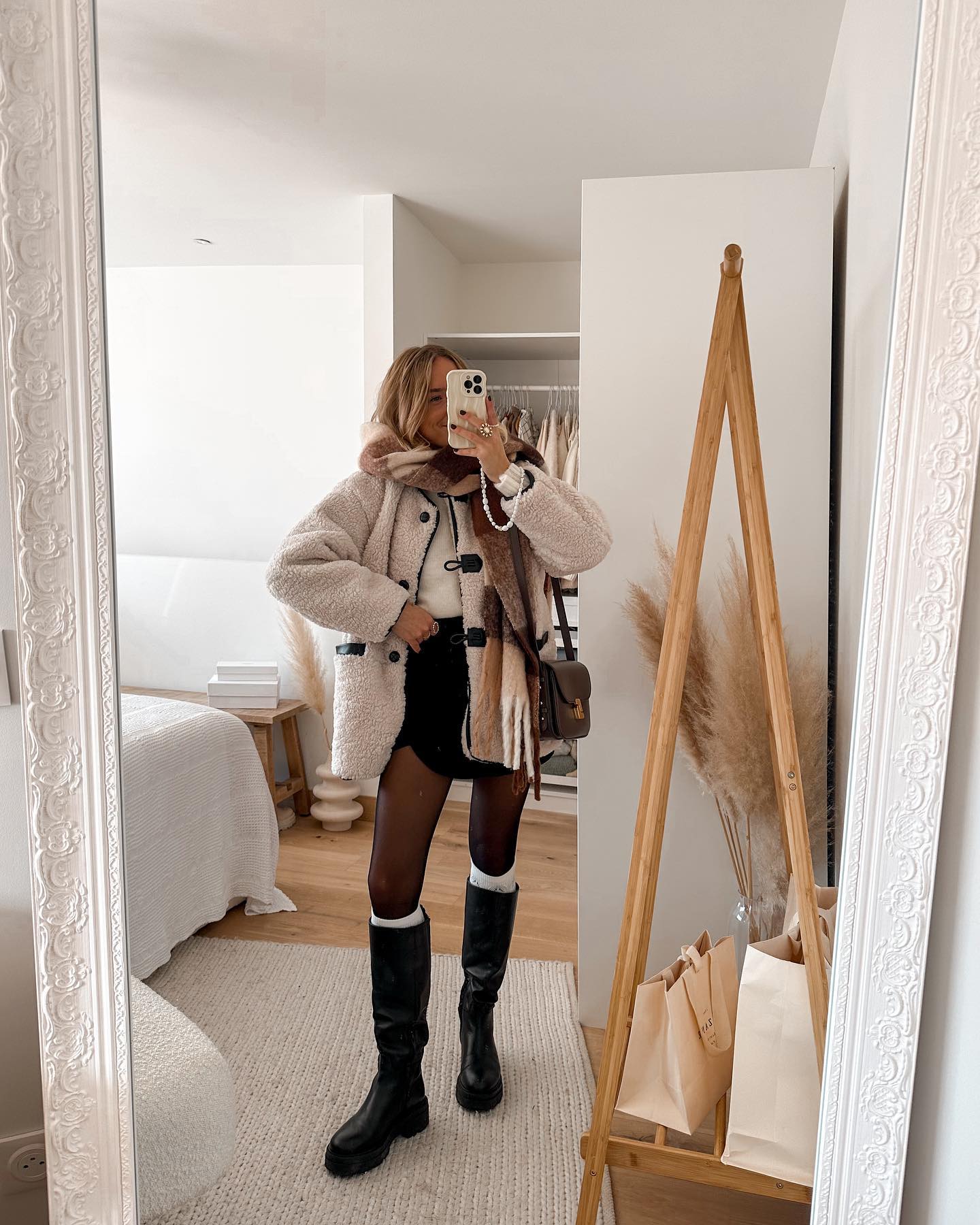 Cozy Teddy Coat With Black Mini Skirt Outfit