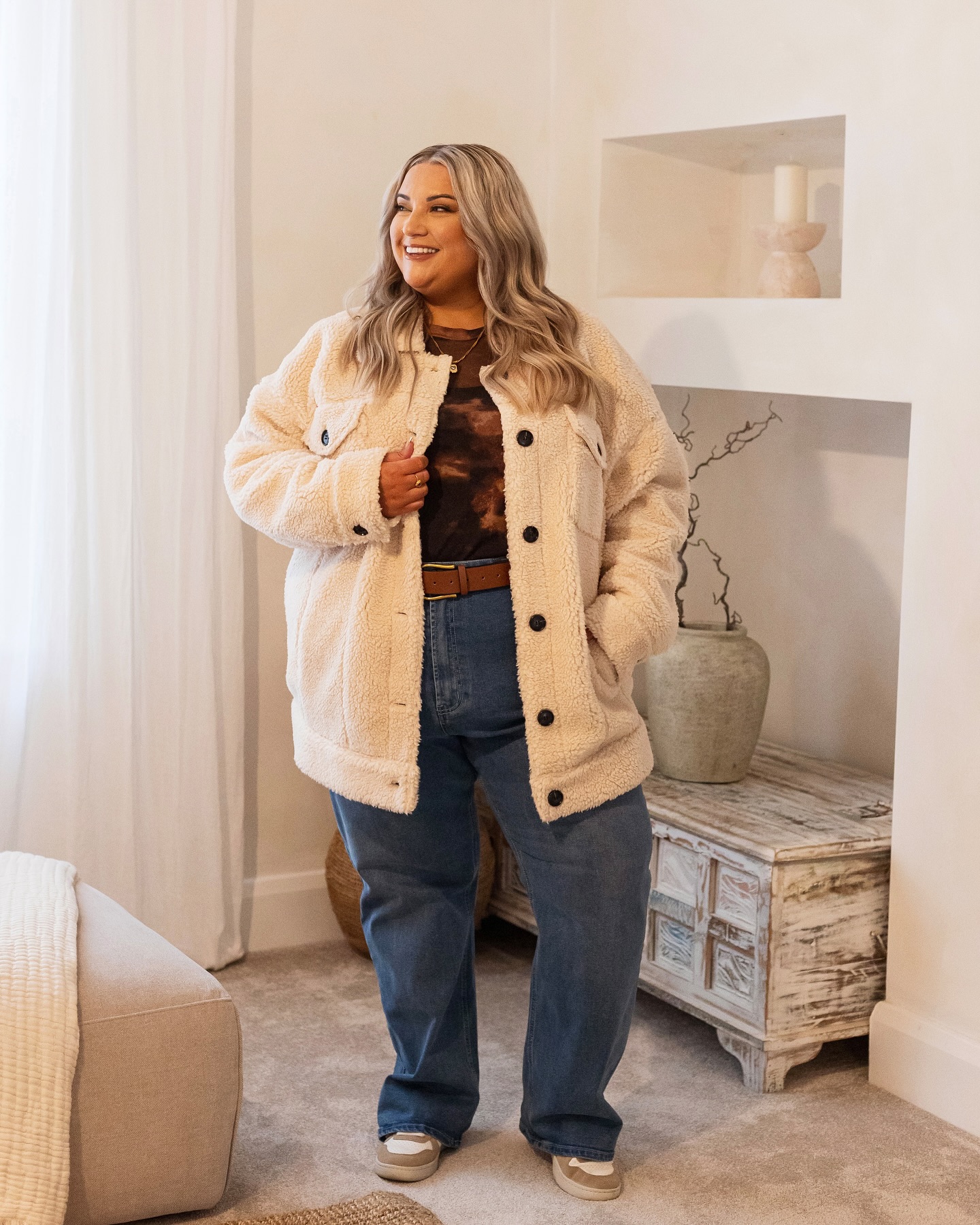 Cozy Teddy Jacket And Wide Leg Denim Outfit
