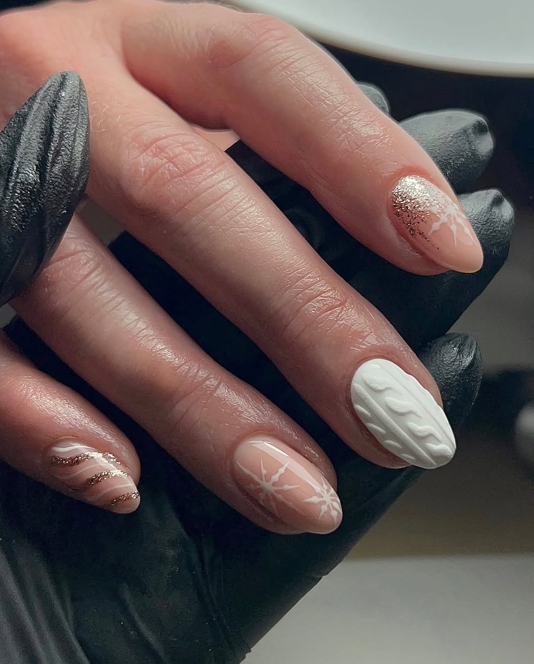 Cozy White Knit And Rose Gold Snowflake Almond Nails