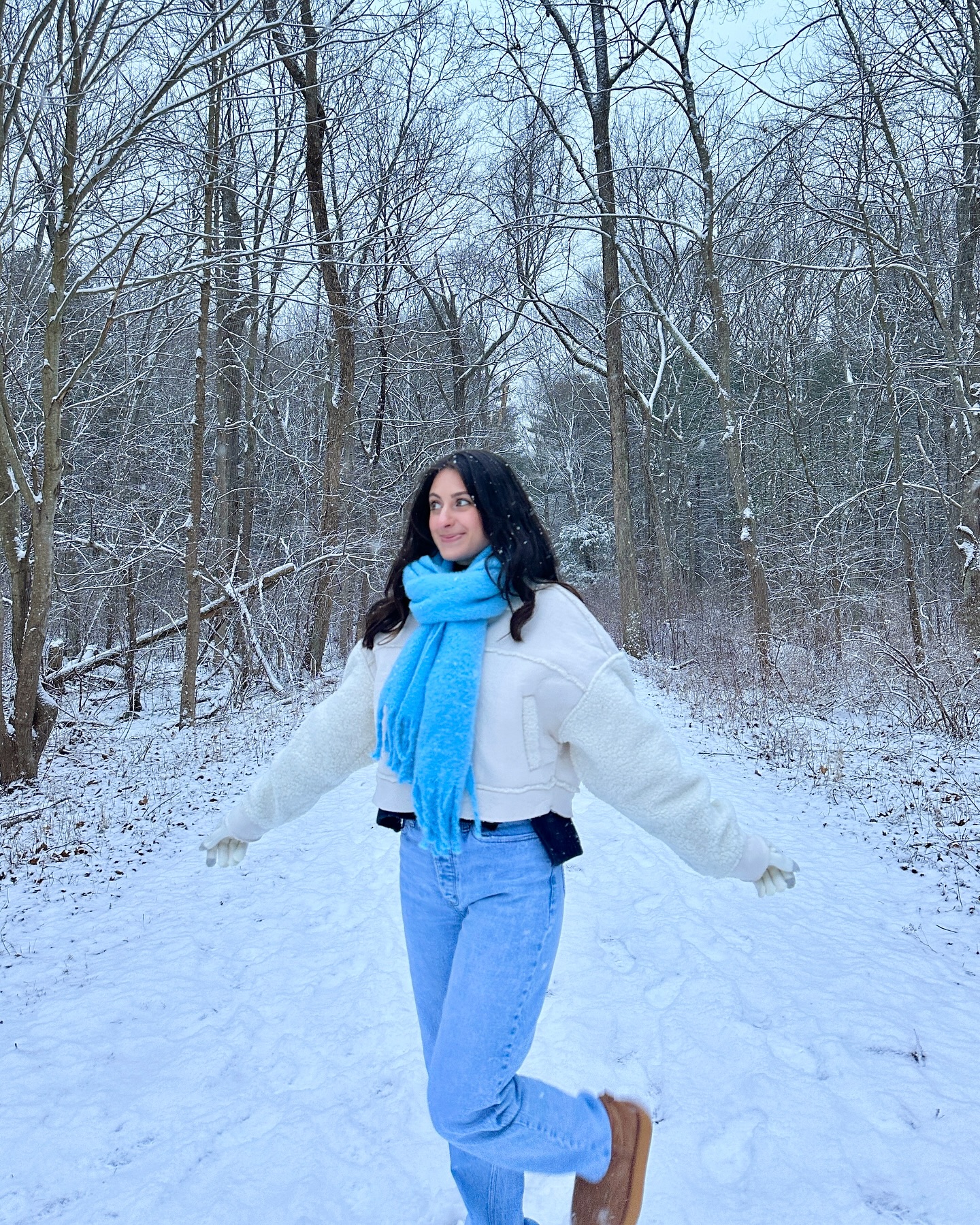 Cozy White Teddy Jacket and Blue Jeans Winter Stroll
