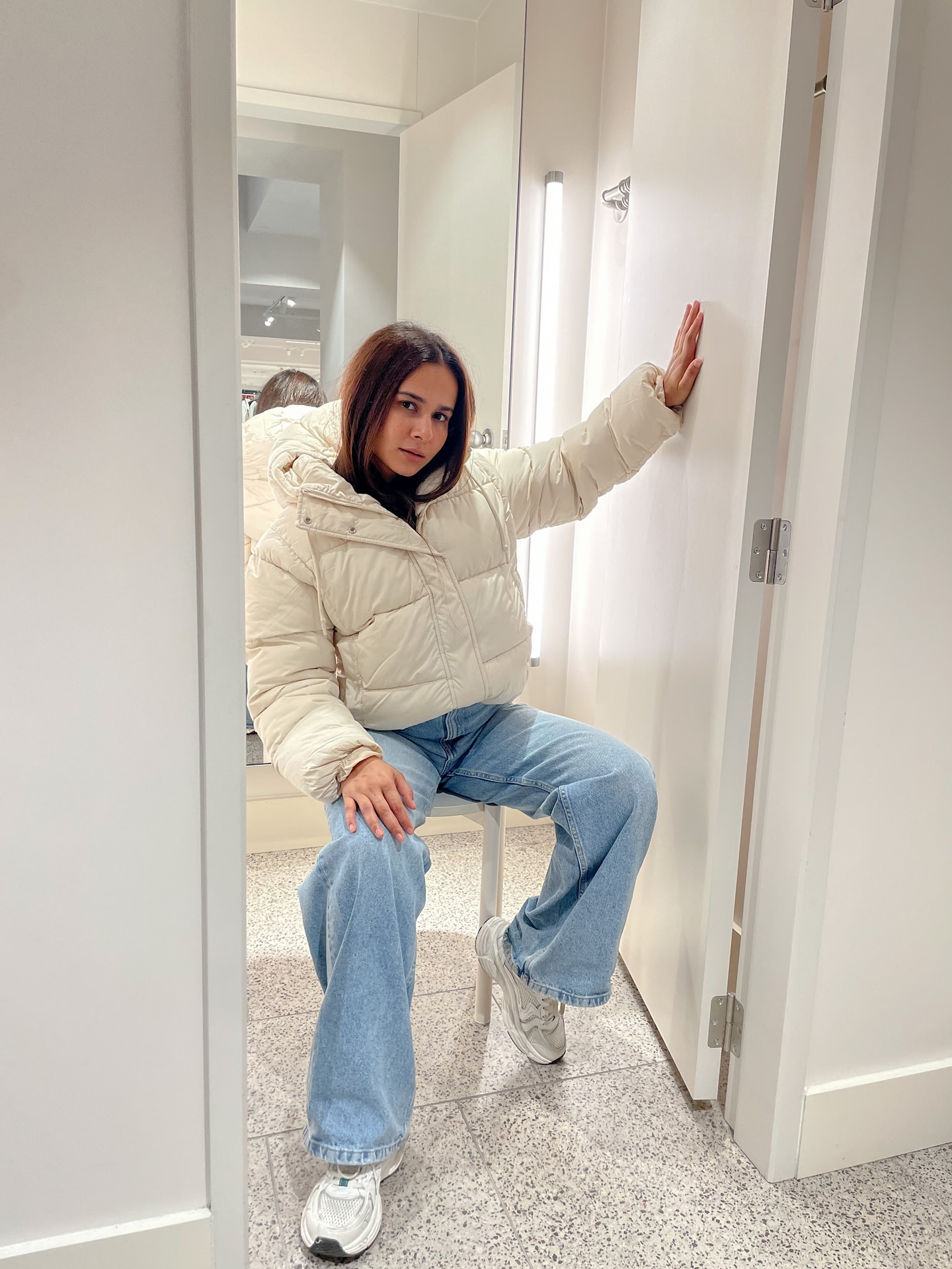 Cream Cropped Puffer With Wide Leg Denim