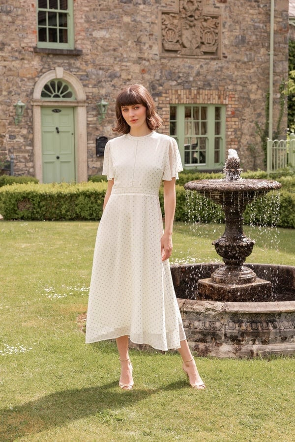 Cream Midi Dress With Gold Foil Polka Dots Cream Midi Dress With Gold Foil Polka Dots — Cream Dress
