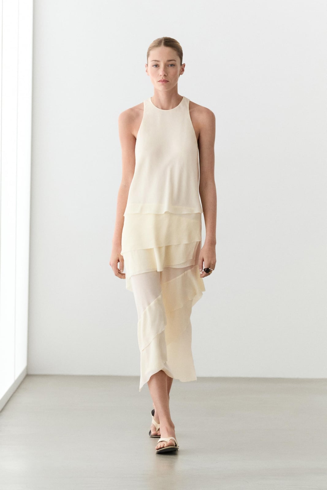 Cream Sleeveless Tiered Midi Dress With Sheer Panels Cream Sleeveless Tiered Midi Dress With Sheer Panels — Cream Dress