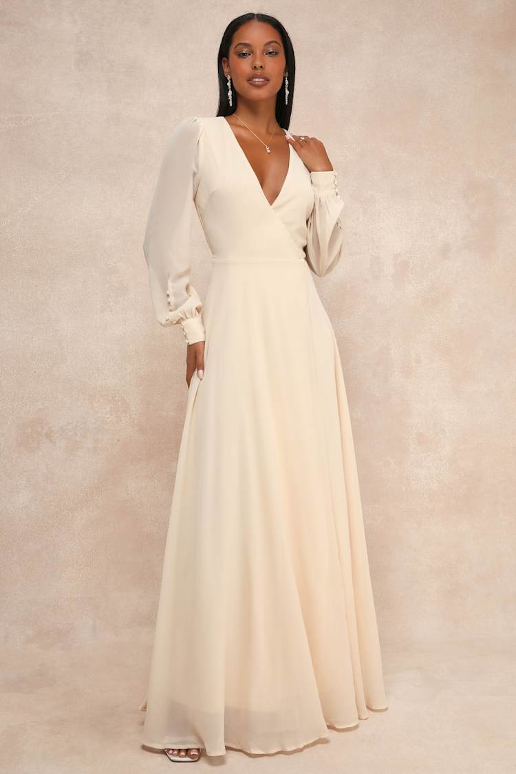 Cream Chiffon Maxi Wrap Dress With Bishop Sleeves Cream Chiffon Maxi Wrap Dress With Bishop Sleeves — Cream Dress