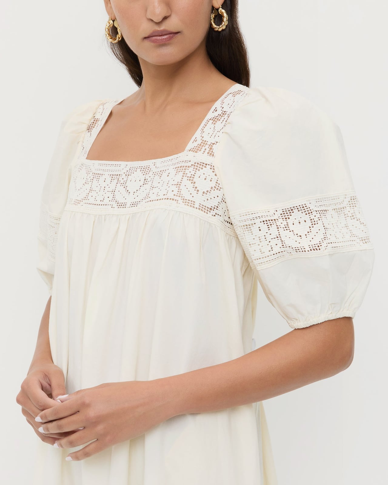 Cream Puff-Sleeve Dress With Lace Bodice Cream Puff-Sleeve Dress With Lace Bodice — Cream Dress
