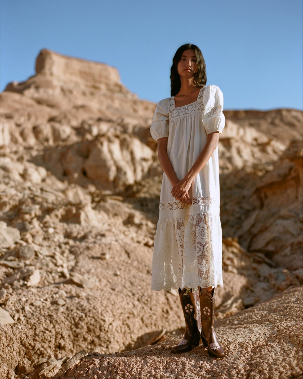 Cream Cotton Puff-Sleeve Midi Dress With Lace Inserts Cream Cotton Puff-Sleeve Midi Dress With Lace Inserts — Cream Dress