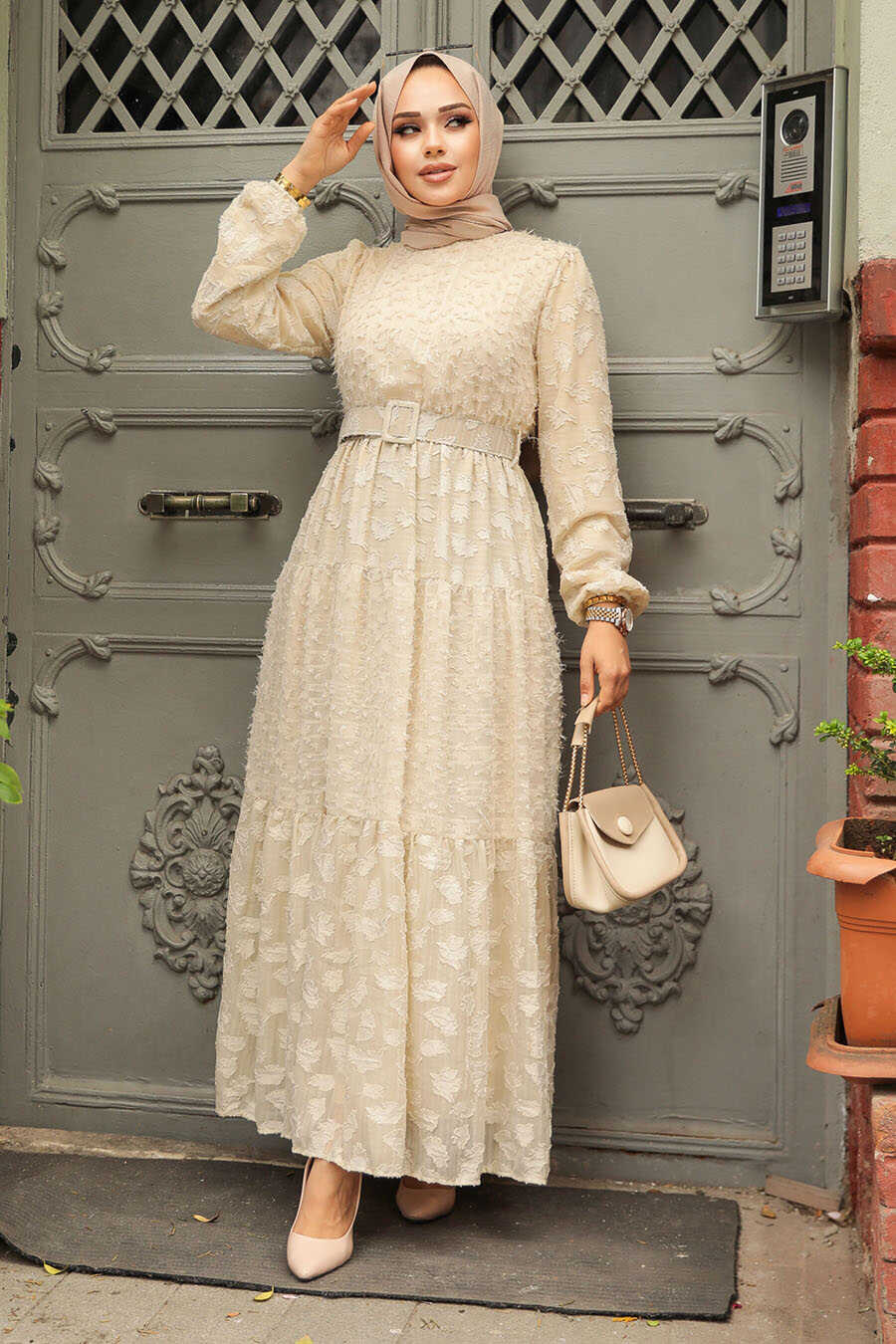 Cream Long Sleeve Tiered Maxi Dress With Belt Cream Long Sleeve Tiered Maxi Dress With Belt — Cream Dress