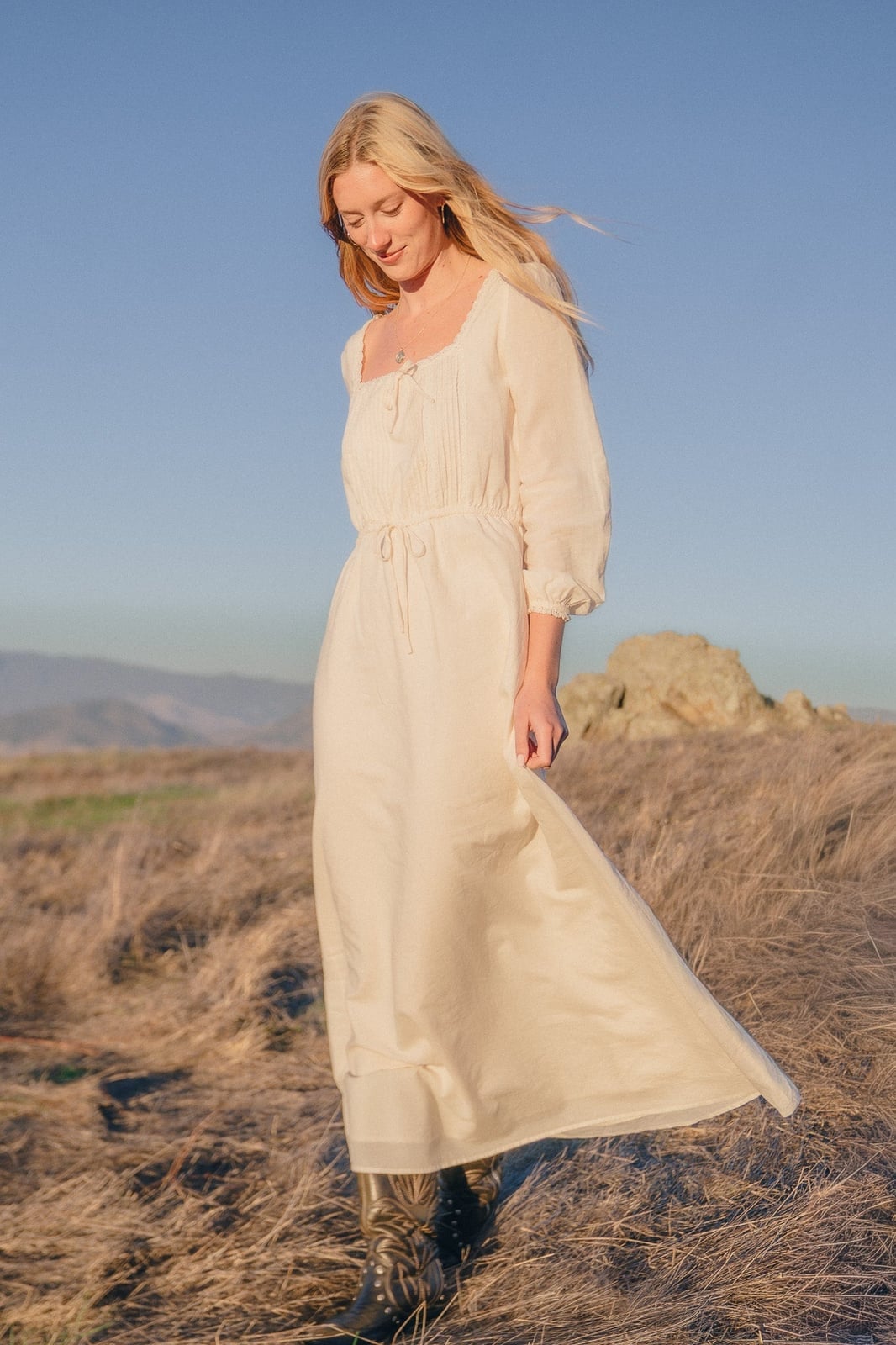 Cream Gauze Long Sleeve Maxi Dress With Cowboy Boots Cream Gauze Long Sleeve Maxi Dress With Cowboy Boots — Cream Dress