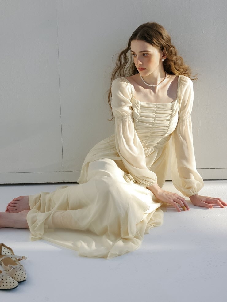 Cream Chiffon Maxi Dress With Ruched Bodice Cream Chiffon Maxi Dress With Ruched Bodice — Cream Dress