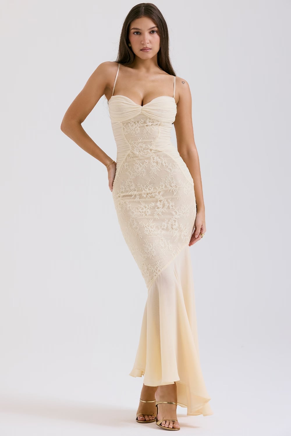 Cream Lace Bustier Gown With Sheer Overlay Cream Lace Bustier Gown With Sheer Overlay — Cream Dress
