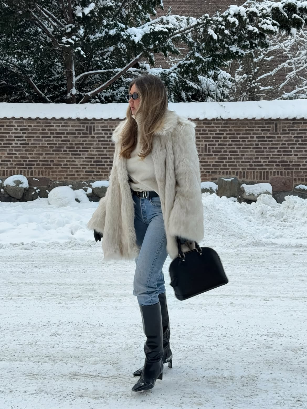Cream Faux Fur Coat With Blue Denim Winter Look