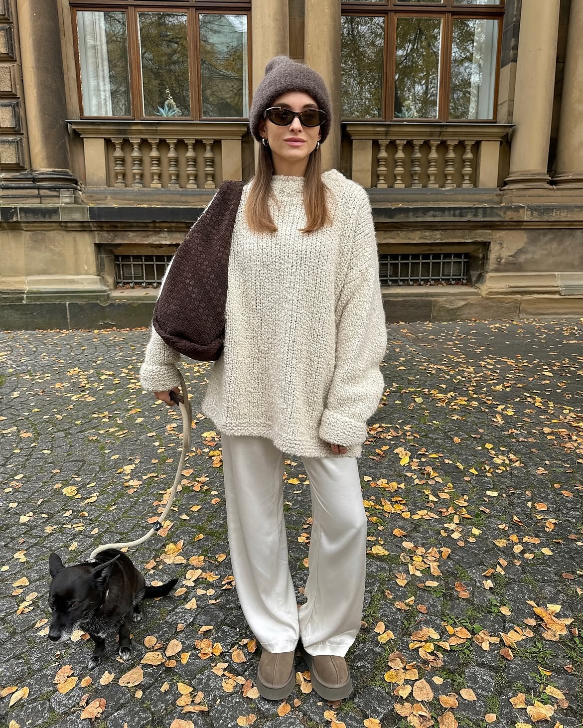 Cream Oversized Sweater And White Satin Trousers