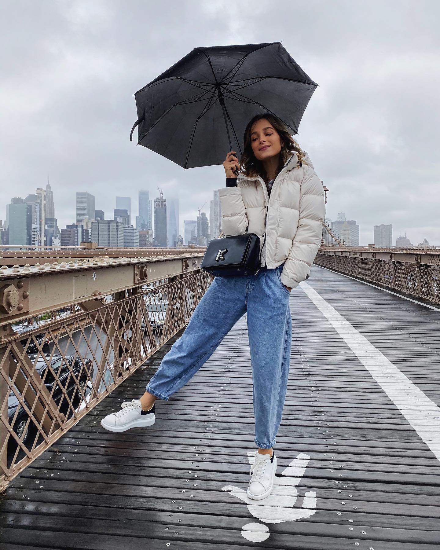 Cream Puffer Jacket With Blue Mom Jeans Outfit