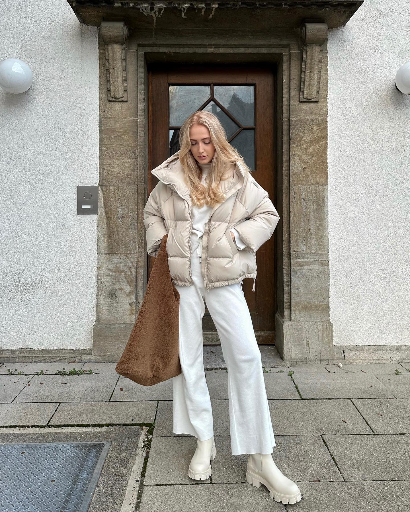 Cream Puffer Jacket With White Wide Leg Pants