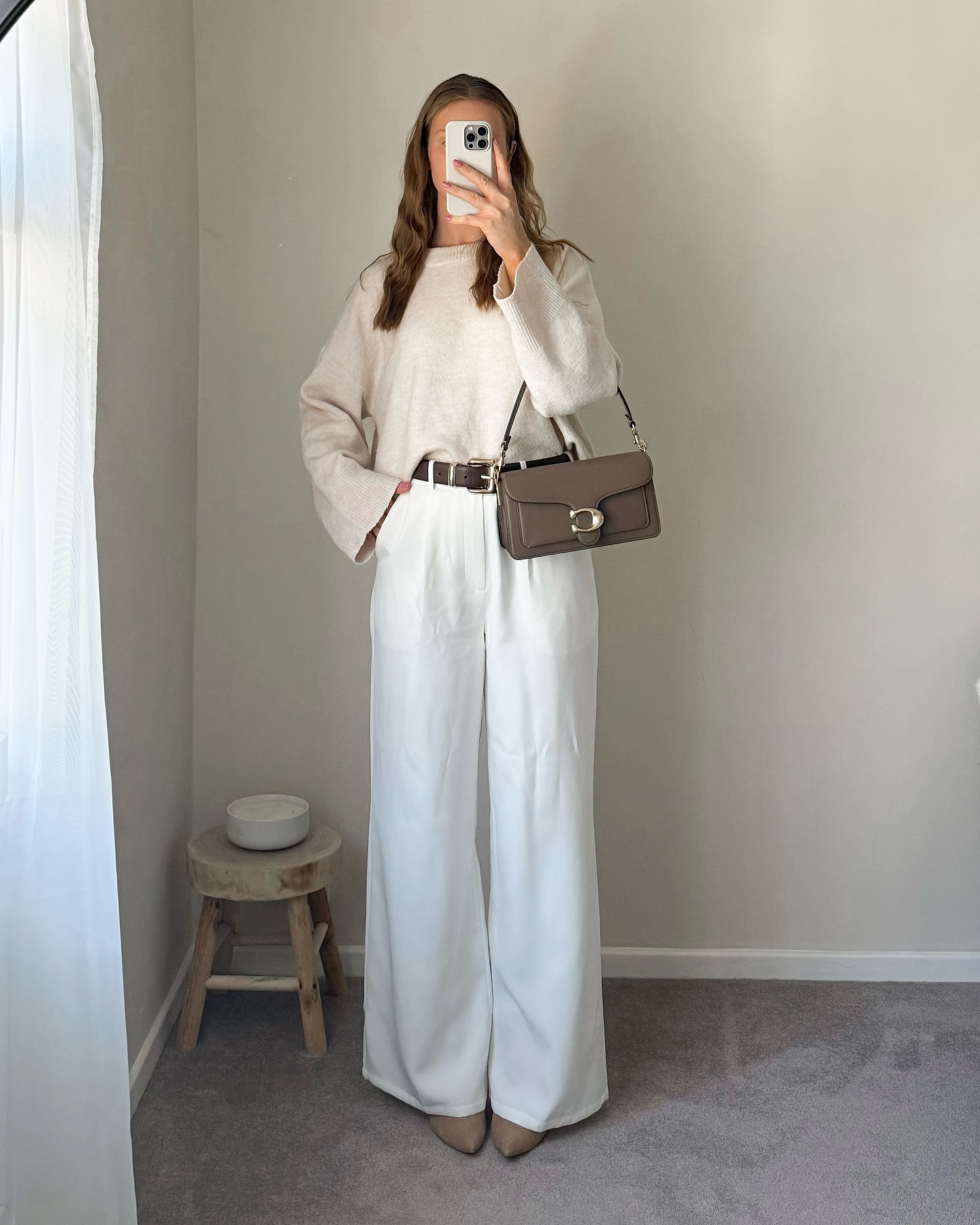 Cream Sweater and White Wide-Leg Trouser Work Outfit