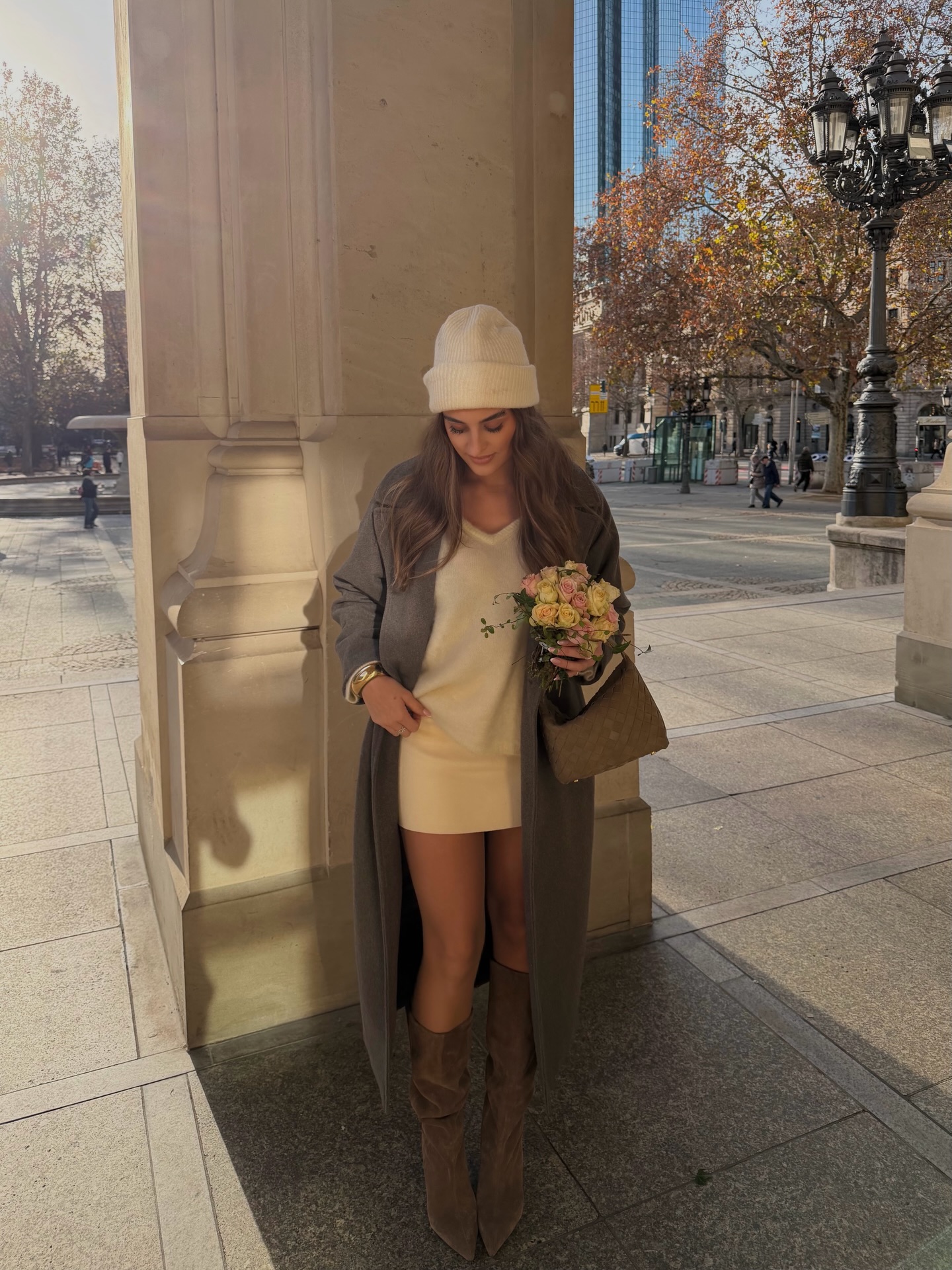 Cream Sweater Dress With Longline Coat And Boots