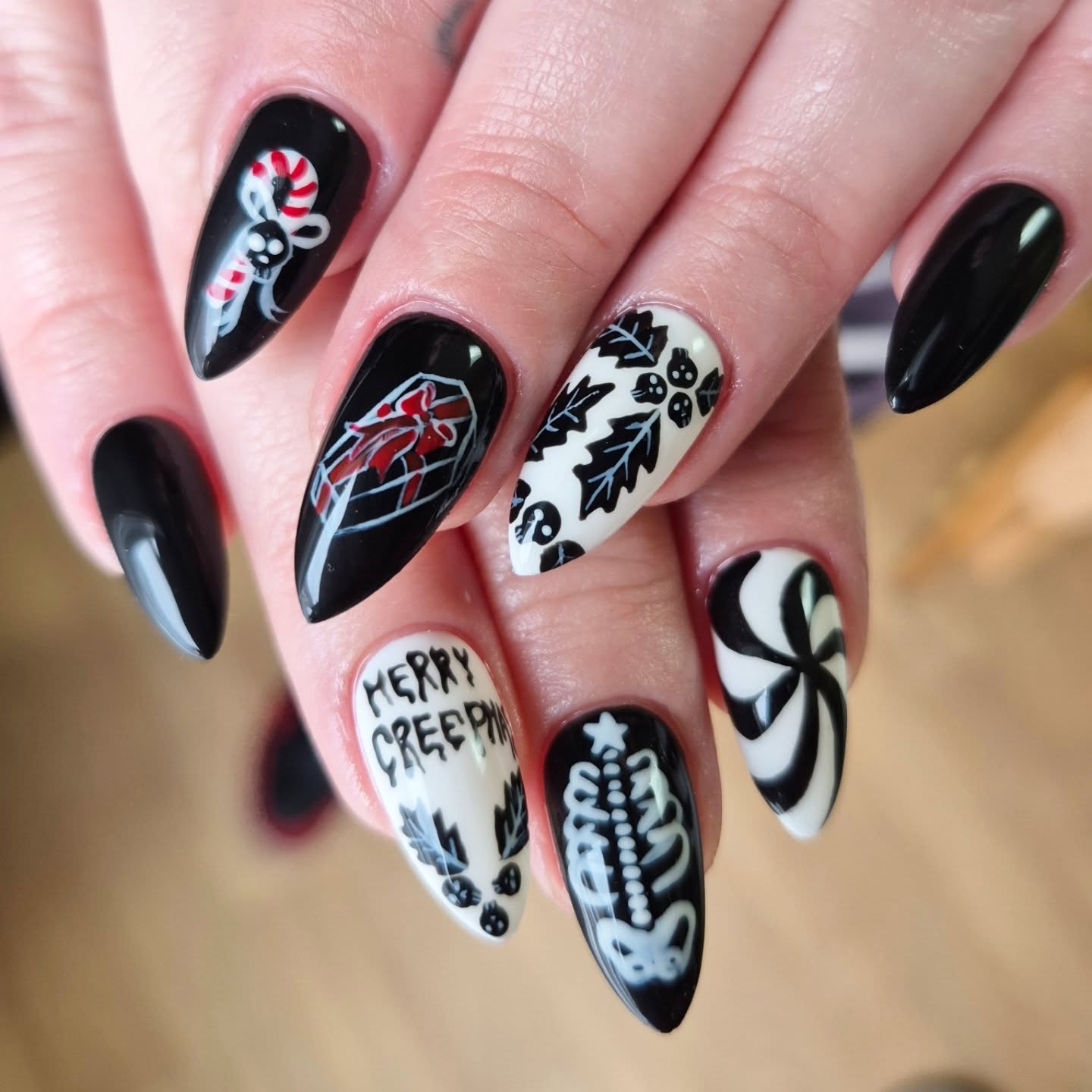 Creepy Christmas Black and White Nail Art