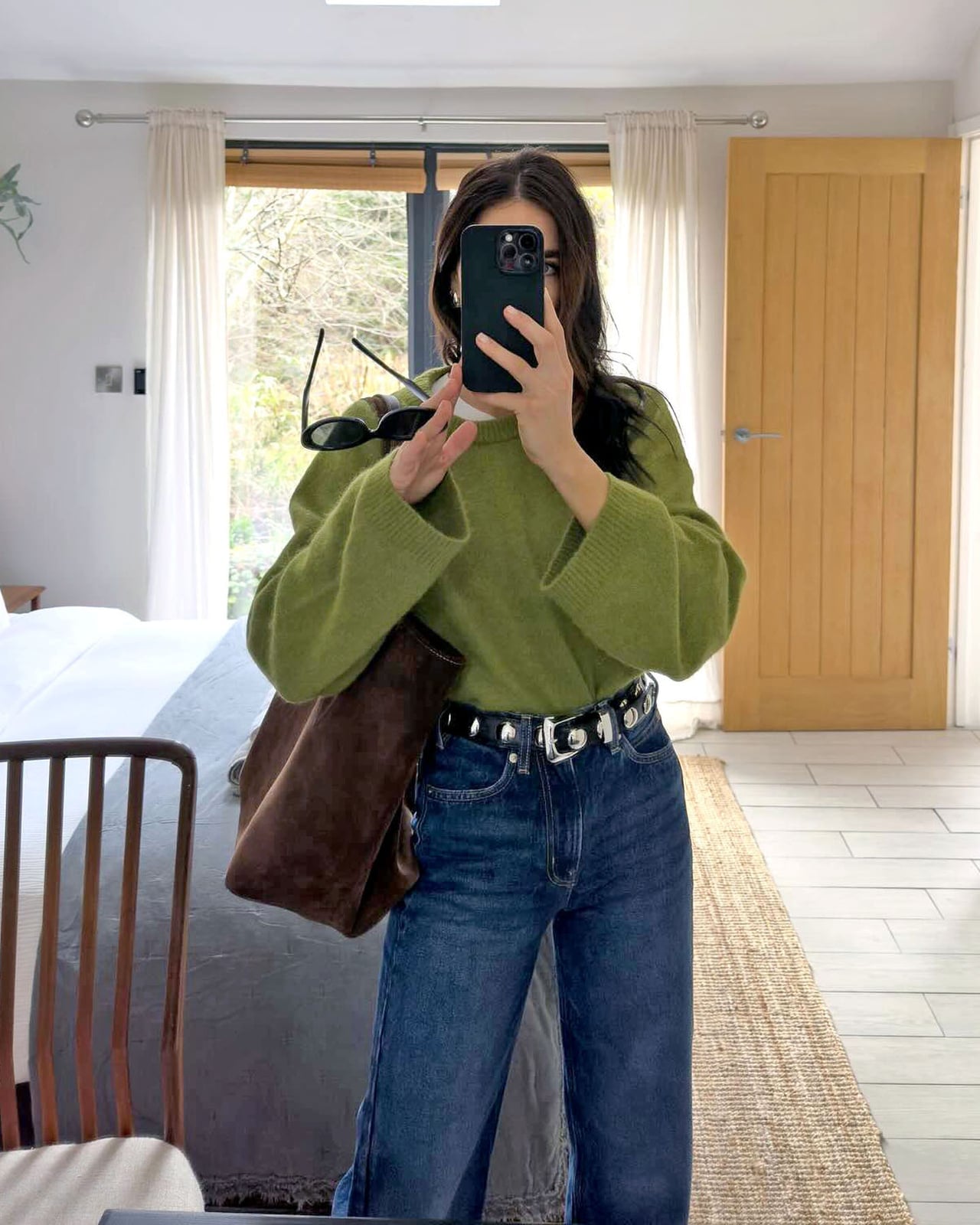 Olive Green Sweater with Blue Denim Jeans Olive Green Sweater with Blue Denim Jeans — Crewneck Outfits
