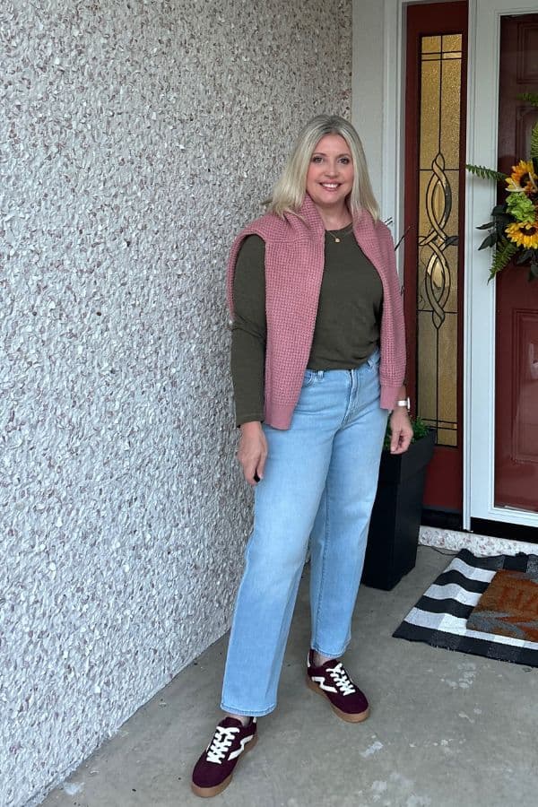 Pink Vest Layered Over Olive Green Shirt with Jeans Pink Vest Layered Over Olive Green Shirt with Jeans — Crewneck Outfits